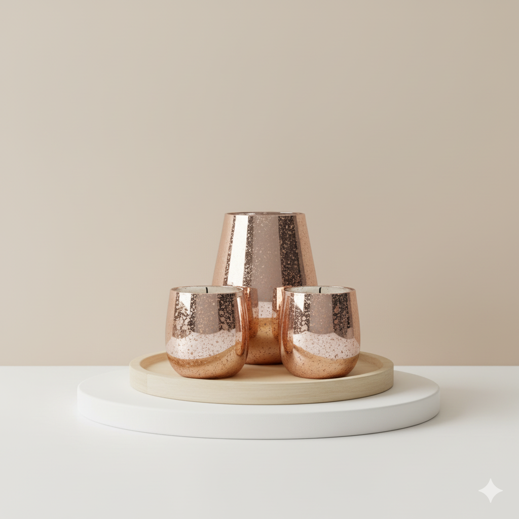 Rose Gold Speckled Candle Trio Set with Wooden Tray