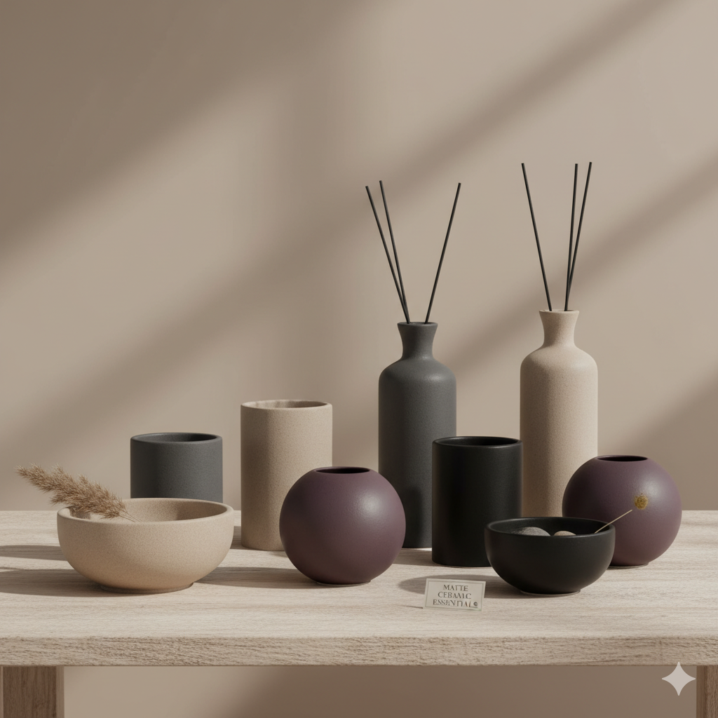 “AYVAÉ geurkaars VOILE D’OR op houten tafel – luxe interieur” “CÔTE BLANCHE witte geurkaars minimalistische stijl”