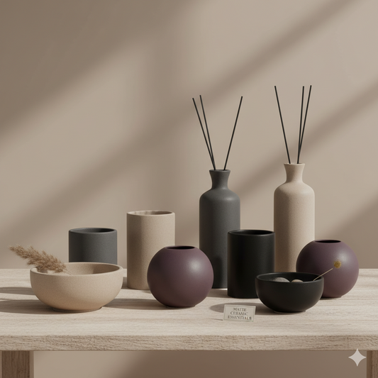 “AYVAÉ geurkaars VOILE D’OR op houten tafel – luxe interieur” “CÔTE BLANCHE witte geurkaars minimalistische stijl”